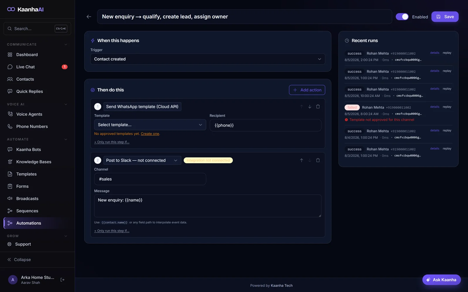 Kaanha AI workflow run history with success and failed executions