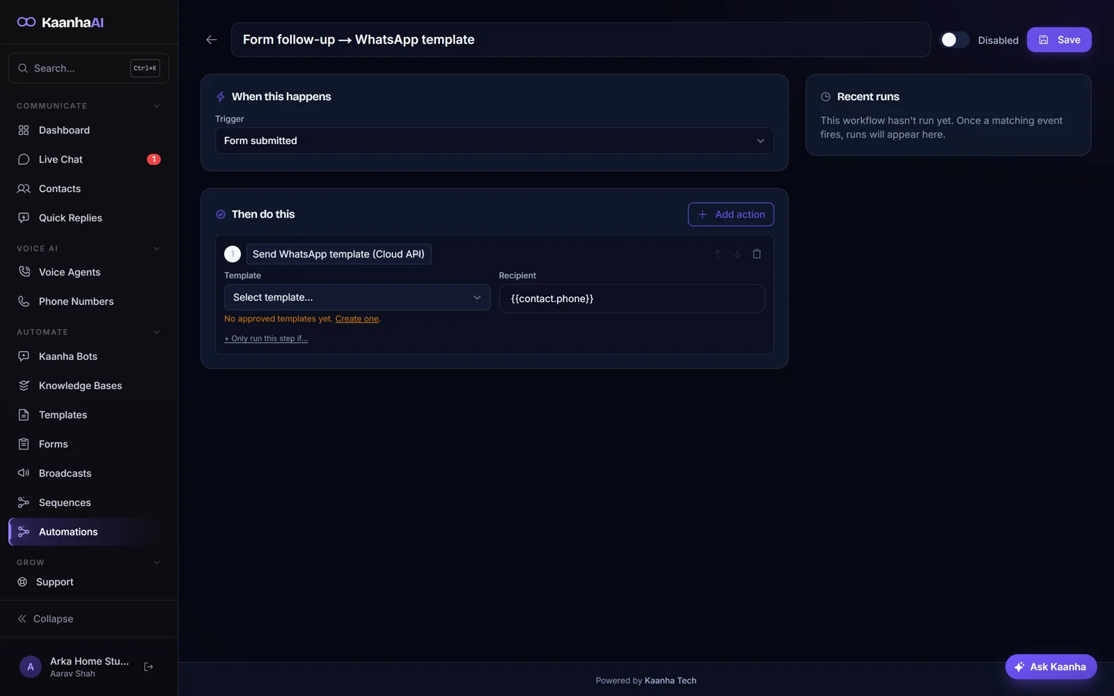 Kaanha AI automation builder: a trigger and action chain for a new-enquiry workflow