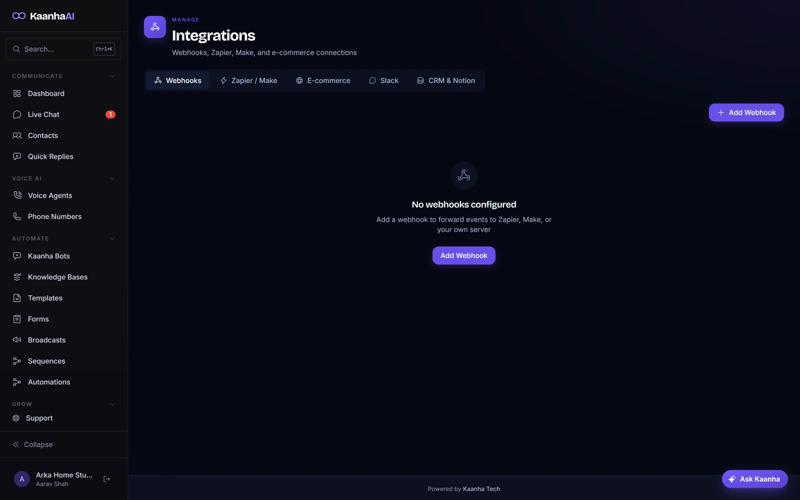 Kaanha AI integrations: webhooks, Zapier and Make, e-commerce, Slack, CRM and Notion