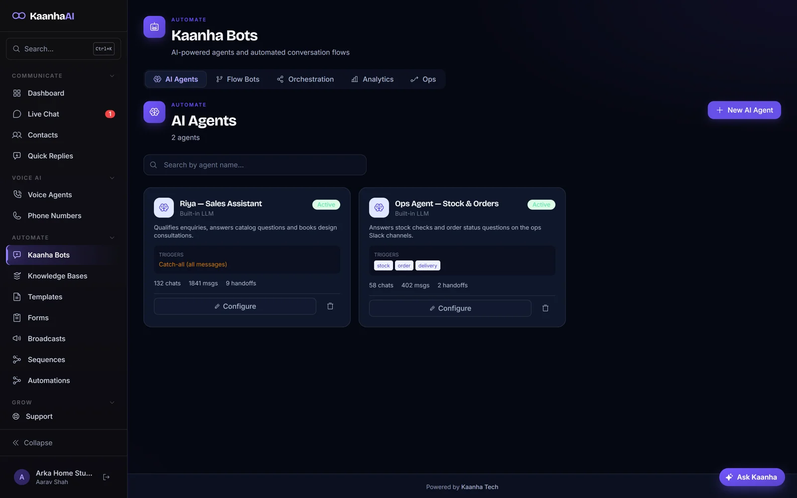 Kaanha Bots: AI agents with triggers, conversation counts and handoff stats