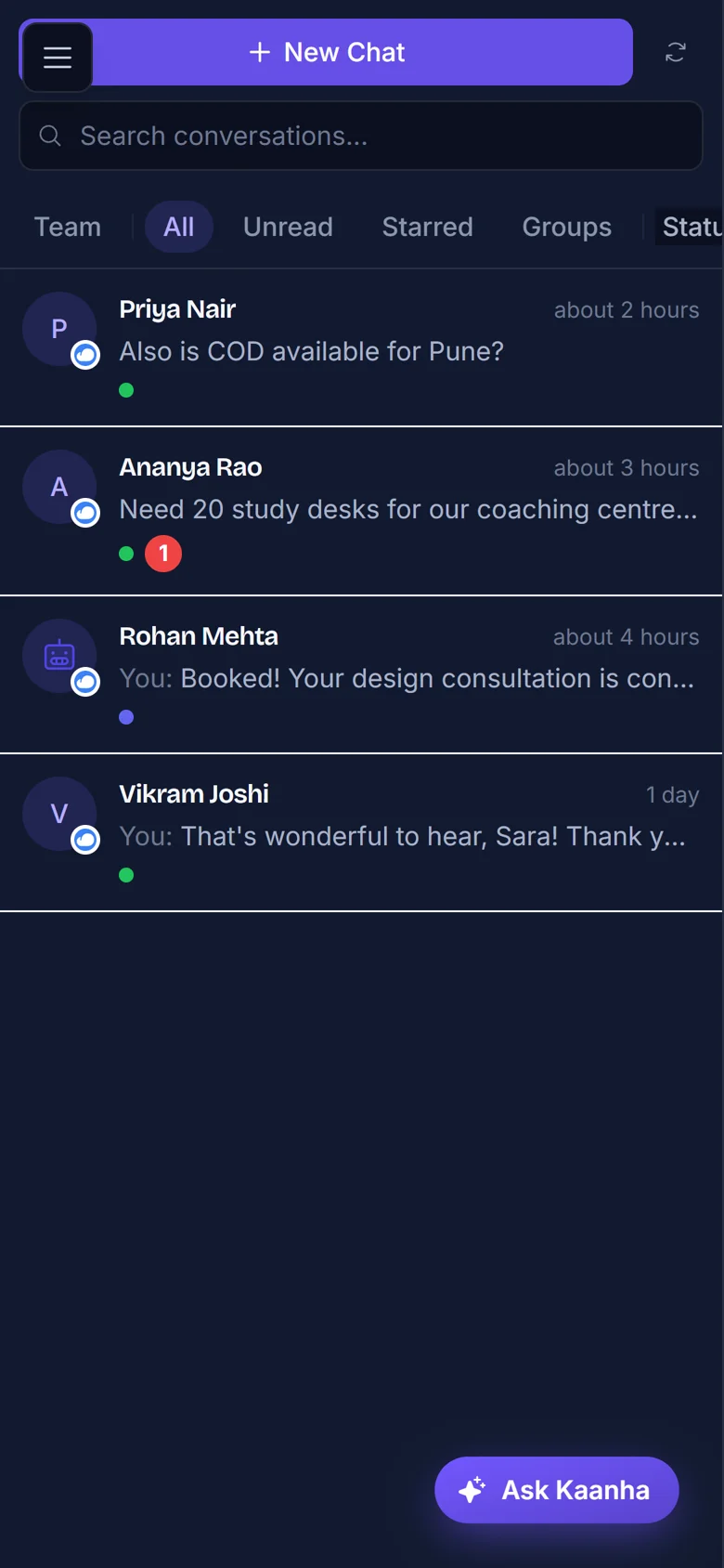 Kaanha AI mobile inbox with active customer conversations