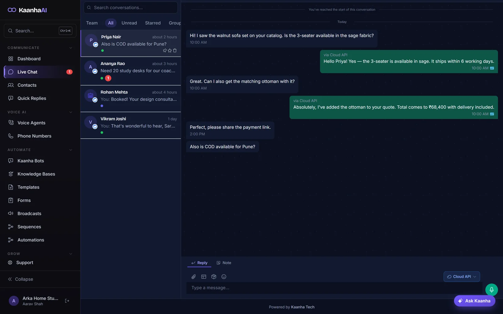 Kaanha AI unified inbox: a WhatsApp conversation with quote and payment discussion
