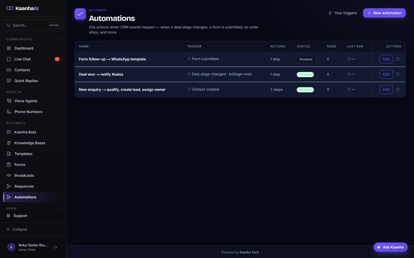 Kaanha AI automations list with triggers, status and run counts